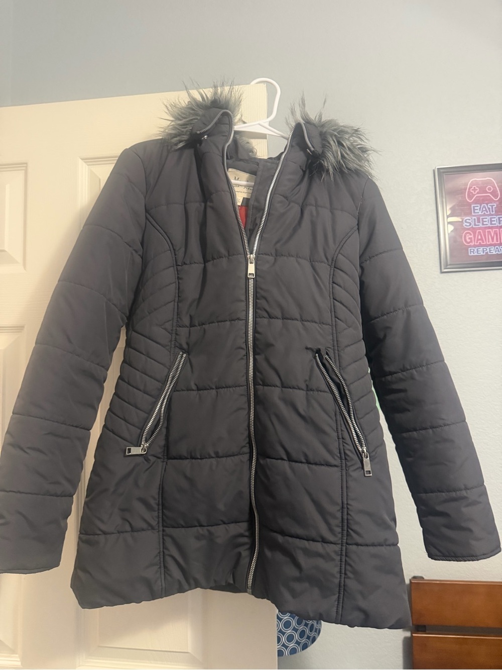 Maralyn & Me Black Quilted Hooded Puffer with Faux Fur Trim